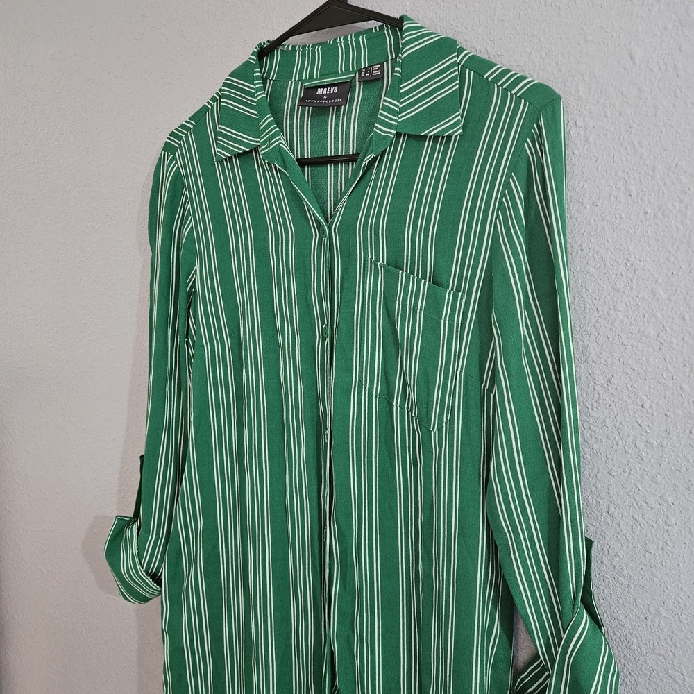 Maeve by Anthropology Women's Martina Striped Belted Shirt Dress Size 4 Green